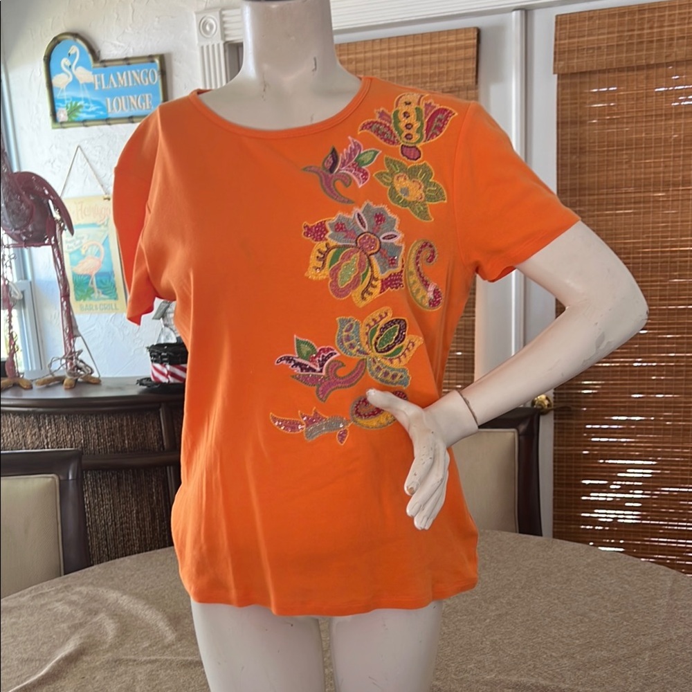 Orange Floral Embroidered Women's Top